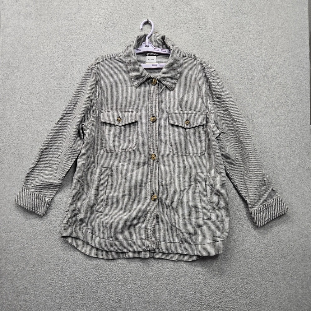 LOFT Women Button Up Shirt XL Gray Cotton Linen Striped Shacket Coastal Beachy